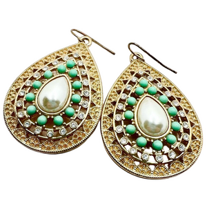 Rhinestone and enamel studded faux pearl gold tone teardrop dangle drop earring